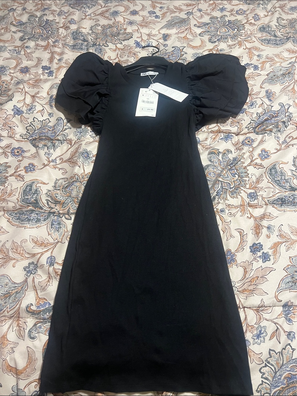 Zara Black Puff-Sleeve Midi Dress